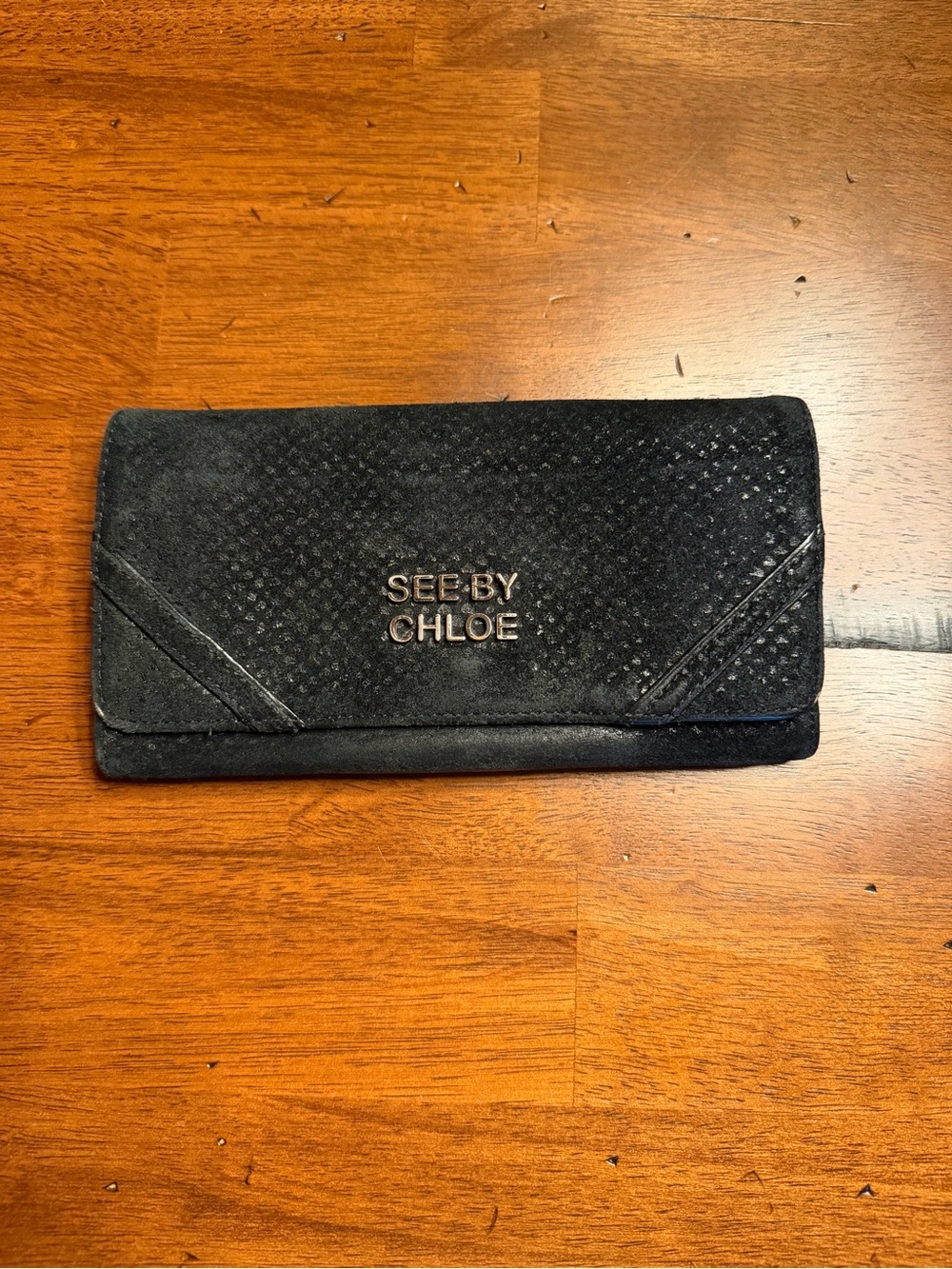 See By Chloe Black Suede Continental Card Holder Wallet Snap Closure